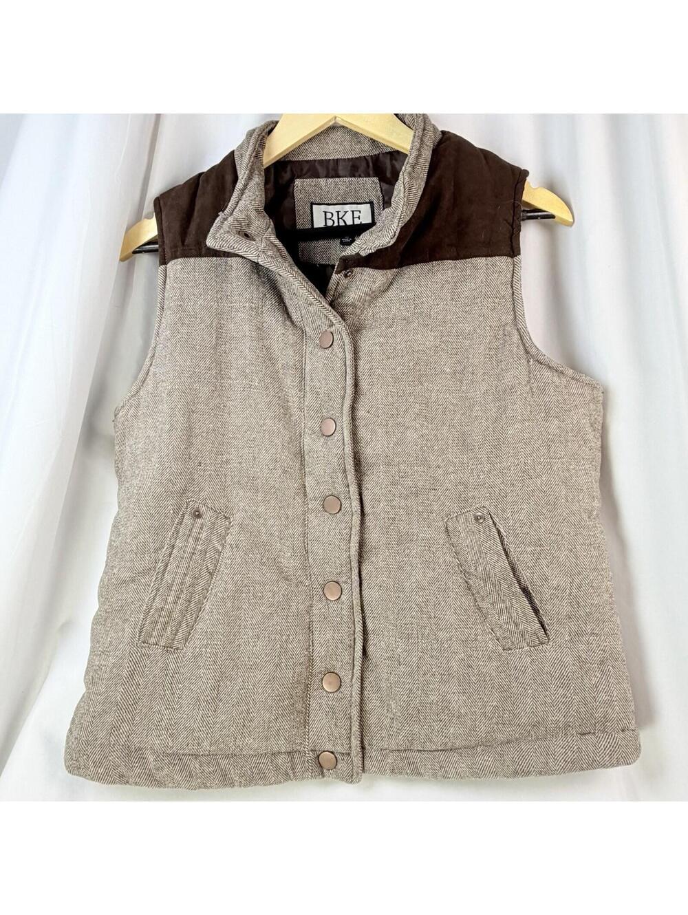 BKE Buckle Puffer Vest Brown Insulated Sleeveless Vest Jacket Medium Houndstooth